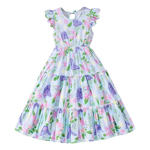 Girls Dress, Summer Clothes Flutter Sleeve, Elastic Waist, A-Line, Casual, for 7-14 Years Kids