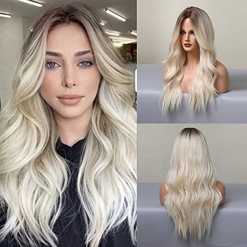 Long Blonde Wigs for Women Ombre Blonde Wig with Dark Roots Natural Loose Wave Wigs Heat Resistant Synthetic Wig for Daily Use Party Cosplay 26 Inches(Peluca De Pelo Natural)