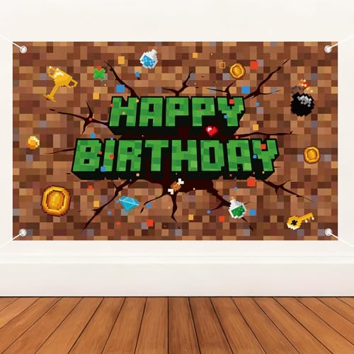 Image of Pixel Birthday Decorations, 70.87x43.31in /180x110cm Happy Birthday Banner Backdrop for Mining Party Decoration & Pixel Themed Celebration Kids Boys Game Party Supplies
