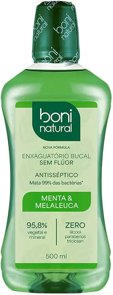 BONI NATURAL - Enxaguante Bucal Natural e Vegano, Sem Flúor, Zero Álcool, Sem Parabeno, Menta e Melaleuca, 500ml