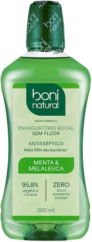 BONI NATURAL - Enxaguante Bucal Natural e Vegano, Sem Flúor, Zero Álcool, Sem Parabeno, Menta e Melaleuca, 500ml