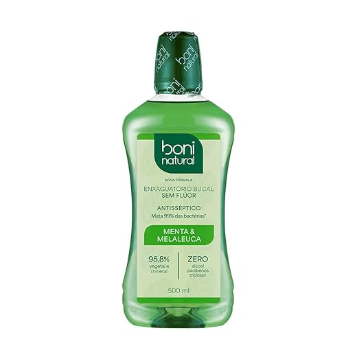 BONI NATURAL - Enxaguante Bucal Natural e Vegano, Sem Flúor, Zero Álcool, Sem Parabeno, Menta e Melaleuca, 500ml