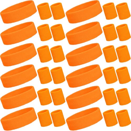 Image of Bememo 36 Pcs Neon Sweatbands Set for Kids 12 Headbands 24 Wristbands Bulk Sports Sweat Bands Athletic for Children Basketball Tennis Running Gym Student Gifts Glow Party