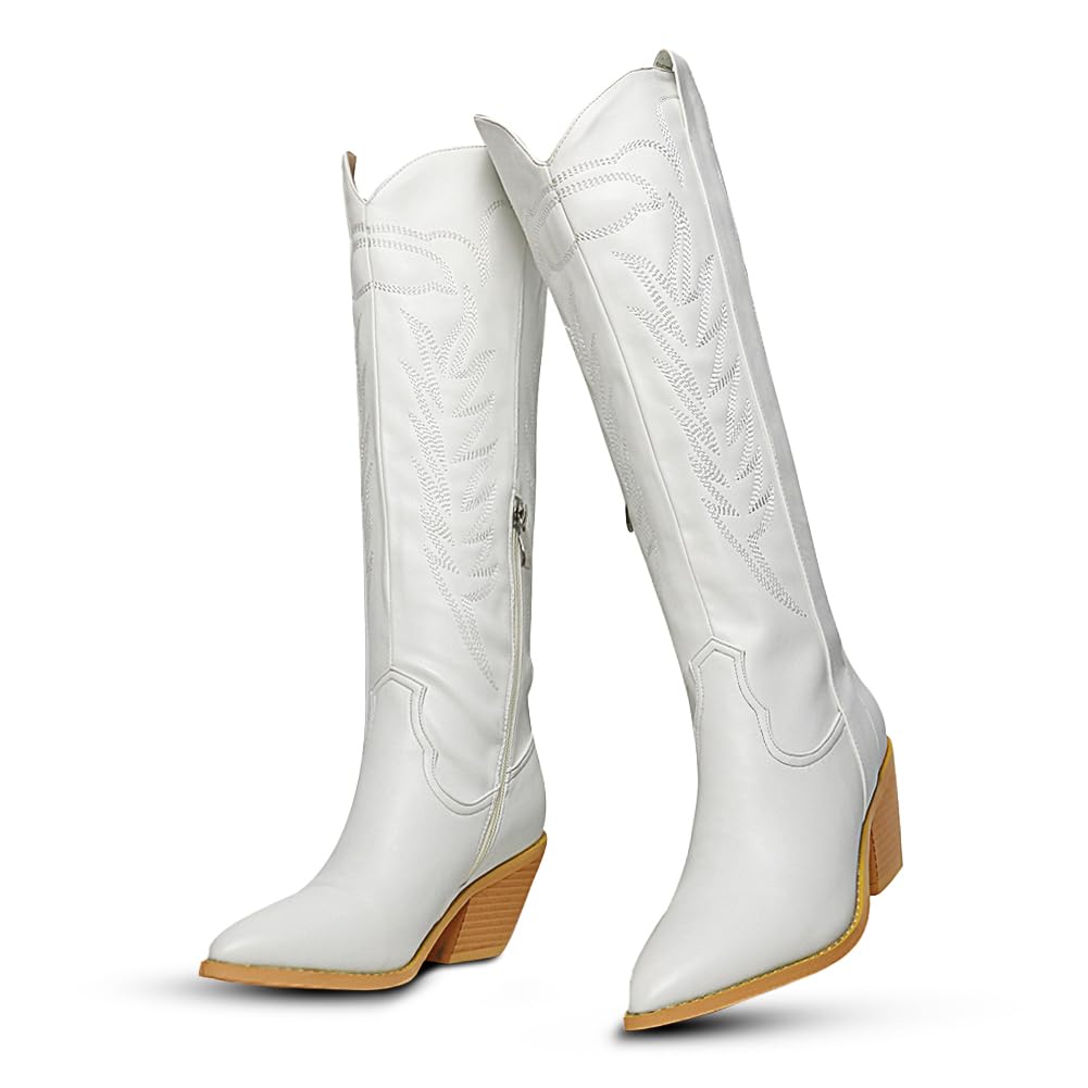 AOSPHIRAYLIANCowboy Boots for Women Chunky Block Heel Pull on Retro Round Toe Knee High Wide Calf Western Embroidery Mid Calf White Cowgirl Boots