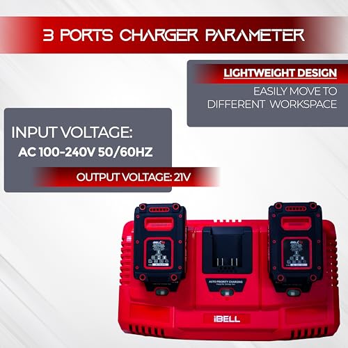 Image of iBELL One Power Series Li-Ion Tri Charger |3 Slot 21V Battery Charger with USB Port| 65W Fast Charging | 3A Output | AC 100-240V~ 50 /60Hz Input | Priority Sequential Charging.