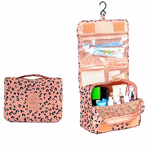 Portable Waterproof Travel Makeup Bag - Lady Color Foldable Organizer Travel Cosmetic Toiletry Bathroom Beach Bag for Women/Men, Shaving Kit with Hanging Hook for vacation (Leopard)