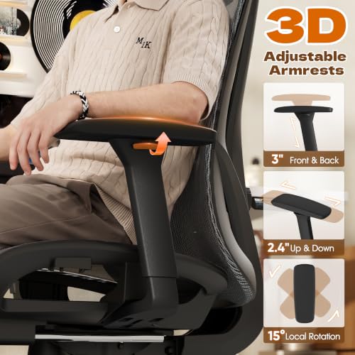 Image of GABRYLLY Ergonomic Office Chair with Adjustable Lumbar Support, 3D Armrests & Headrest, 135 Reclining Chair with Footrest & Large Steel Base,300LBS Swivel Desk Chair - GYMN01-DG