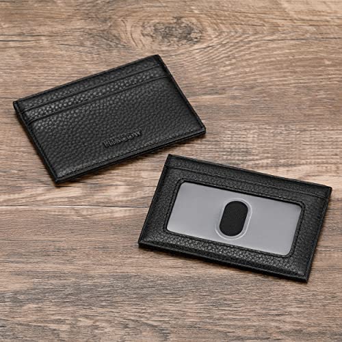 Image of HISCOW Slim Full Grain Leather Card Holder with ID Window, Pebbled Black | Men's minimalist EDC wallet, front pocket carry, 2 credit card slots & center pocket, fits folded bills, premium gift box