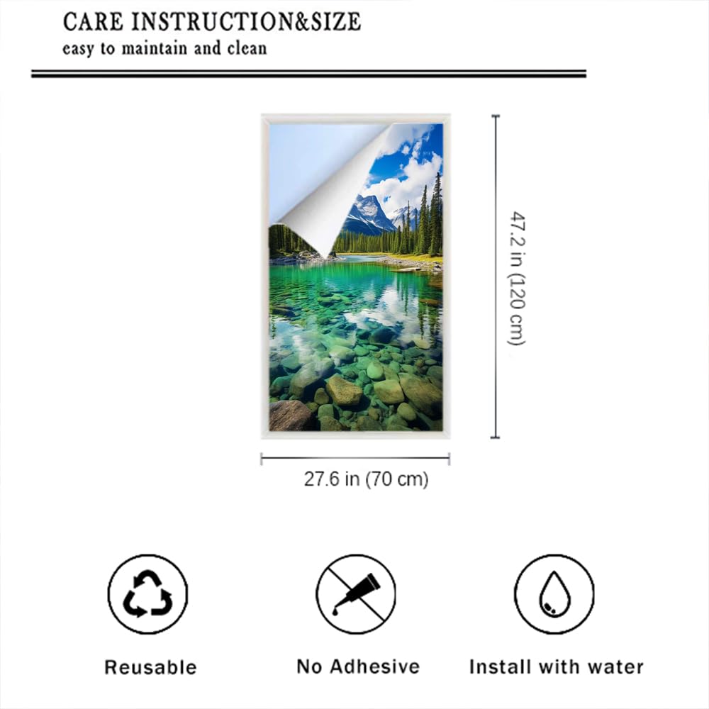 Beautiful Mountain Lake Window Film Decorative Turquoise Grove Natural Landscape Stained Glass Window Film Sun Blocking Heat Control No Glue Window Covering Film for Home 70x120cm