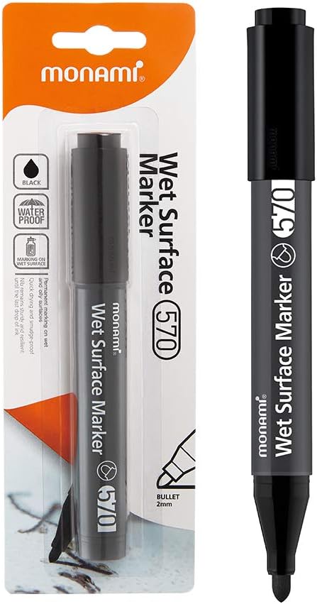 MONAMI Wet Surface Marker 570, Bullet Tip (2.0mm), Permanent Black Ink Marks On Wet Surfaces, Black, 1pc