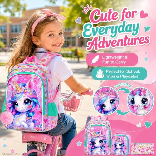 Image of CCJPX 16 inch Unicorn Backpack for Girls, 3Pcs Sequin Bookbag with Lunch Box, Lightweight Toddler School Bag for Elementary Kindergarten Preschool (Pink)