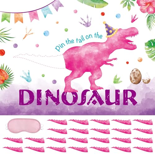 Image of WERNNSAI Pin The Tail on The Dinosaur Girl Dinosaur Party Decorations | Dinosaur Party Games for Kids,Pink Dinosaur Birthday Decorations,28 inch x 21 inch Poster with 24 Stickers and Blindfold