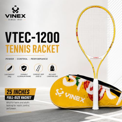 Image of VINEX VTEC T200 Tennis Racquet with Cover (Pack of 1) | 68 cm Aluminium Tennis Racket | Lightweight 260 g | Grip Size 6 | Two-Piece Strung Racquet with Carrying Bag | for Teens & Adults