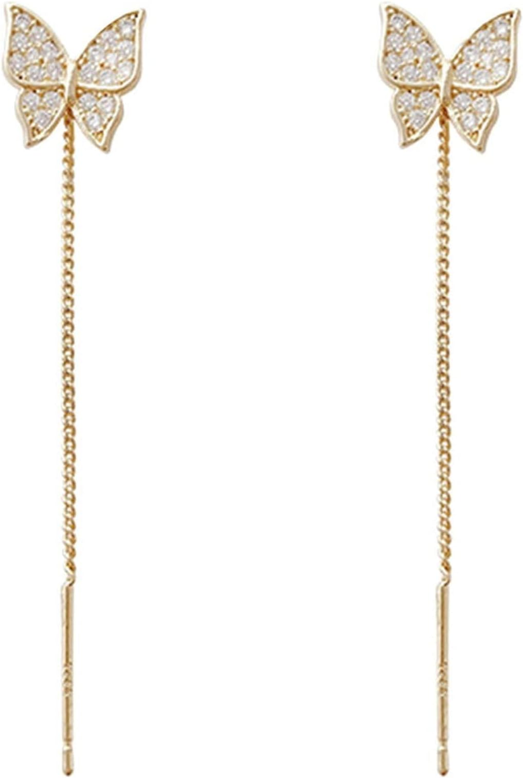 CZ Butterfly Threader Chain Earrings for Women, Teen Girls- Butterfly Dangling Earrings- Rhinestone Butterfly Long Tassel Threader Dangle Earrings