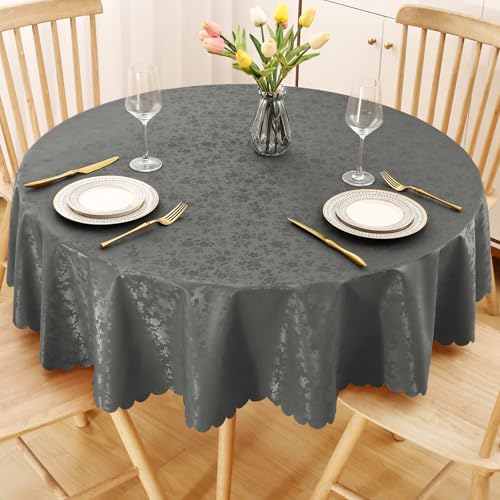 Image of Smiry Round Waterproof Heavy Duty Vinyl Tablecloths, 60 x 60 Inch | Wipeable Washable Floral Embossed Table Cover for Kitchen and Dining Room, Indoor & Outdoor Use, Dark gray