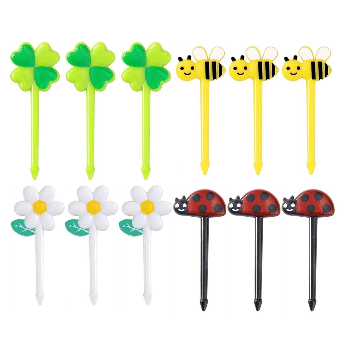 JOCXZI 16 Pieces Cute Mini Sunflower Ladybug Fruit Forks - Children Plastic Bento Box Accessories for Children/Adults, Decoration Cupcakes Dessert Cocktail, Home Party, Easy to Clean