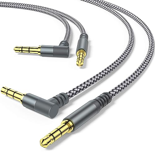 2 Pack Aux Cable, 10ft TRS Auxiliary Cables 90 Degree Right 3.5mm Nylon Braided 1/8 AUX Cord for Car Compatible with Stereos, Speaker, iPod iPad Smartphone, Headphones Sony,Echo Dot,Beats- Grey