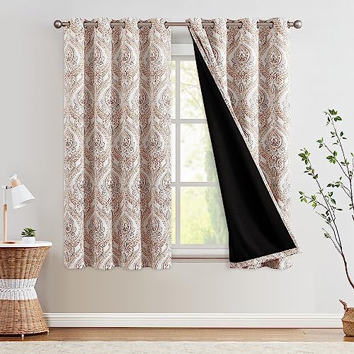 jinchan Blackout Curtains 63 Inch Length Brown Damask Medallion Window Curtains for Bedroom Grommet Thermal Insulated Drapes for Living Room Vintage L