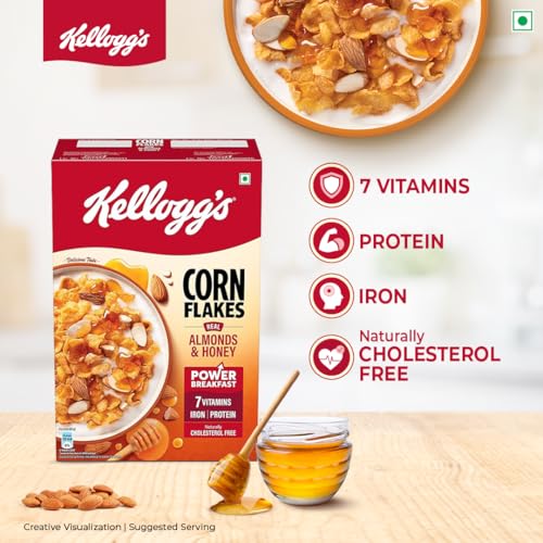 Image of Kellogg's Corn Flakes Real Almond Honey 300g| High in Iron, Vitamin B1, B2, B3, B6 & C | Naturally Cholesterol Free | Corn Flakes, Breakfast Cereal (Pack of 3)