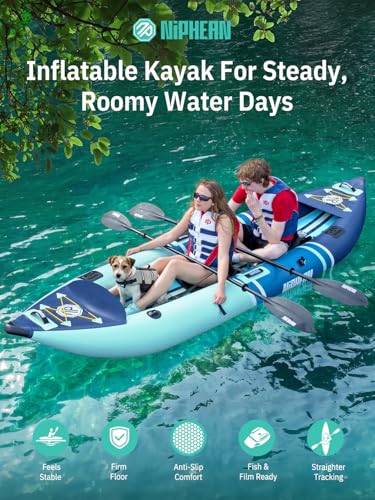 Image of Niphean Inflatable Kayak 2 Person, 12'6 inch Tandem Kayak with 500lb Capacity | 3-Chamber Stable Design, Drop-Stitch Floor, with Fishing Mounts, Camera Base, Kayaks Seats for Lakes, Touring, Fishing