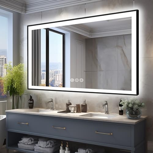 60x40 LED Mirror for Bathroom, Black Metal Framed, Vanity Mirror with Lights, 3 Color Modes, Dimmable CRI90+, Double Lights, Anti-Fog, Shatter-Proof, Waterproof, Memory (Horizontal/Vertical)