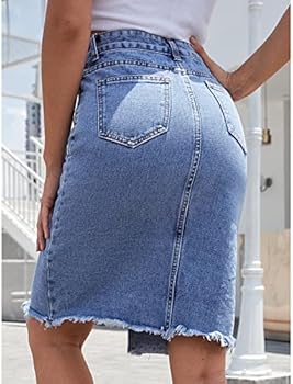 WINDEHAO Dames hoge taille knielengte jeans rok, zomer casual bodycon dames middellange voorkant split denim rok, Donkerblauw, S