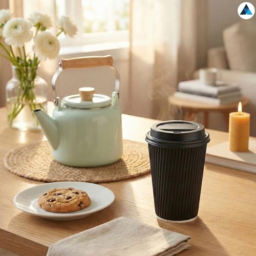 Nationwide Paper Coffee Cups with Lids, Insulated Ripple Hot Paper Cups, Disposable Cups for Takeaway Hot Drinks, Black (8oz-50 Pcs, Black) - Image 7