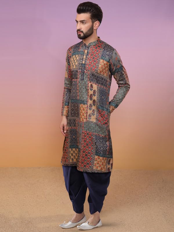Image of KISAH Men's Kurta Dhoti Set, Multi Cotton Blend, Printed Mandarin Collar Regular Fit Long Sleeves, 44