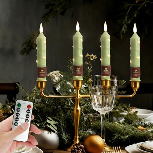 XINAOBAOLUO 6.5 inch Green Flameless Candle with String Light Window Candles with Remote Timer Battery Operated Taper Candle LED Taper Candles Set of 4 by XINAOBAOLUO - Used condition - Image 7