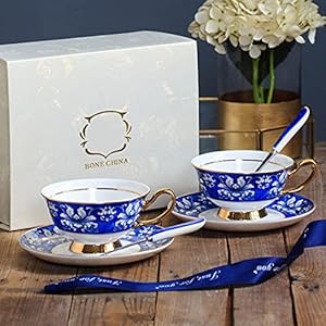 Ceramic Coffee Cup and Saucer, Coffee Mugs Set of 2, White and Blue Cappuccino Cup Tea Cup and Saucer Gift, 200ml