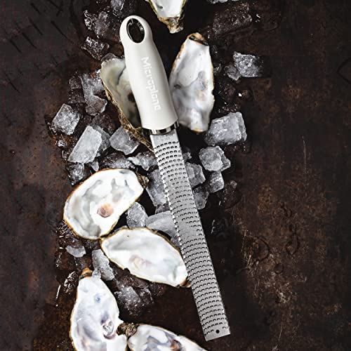 Image of Microplane Zester Grater in Cashmere Beige for Citrus Fruits, Hard Cheese, Ginger, Chocolate and Nutmeg with Fine Stainless Steel Blade - Made in USA