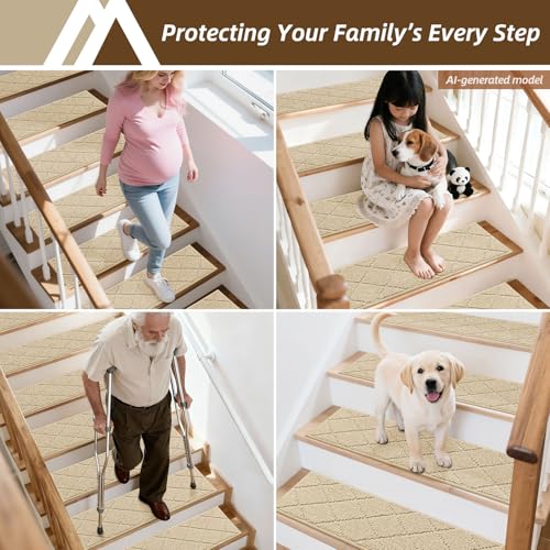 Image of COSY HOMEER Stair Treads for Wooden Steps 9 inchx28 inch,Washable Non Slip Carpet Stair Treads with Reusable Residue Free Backing Soft Peel and Stick Stair Runner Rugs for Kids Elders Pets,Warm Beige,4pcs