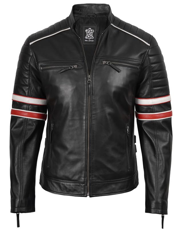 Image of Blingsoul Stylish Black & Brown Cafe Racer Leather Jacket For Men - Real Lambskin Leather Motorcycle Jacket Mens