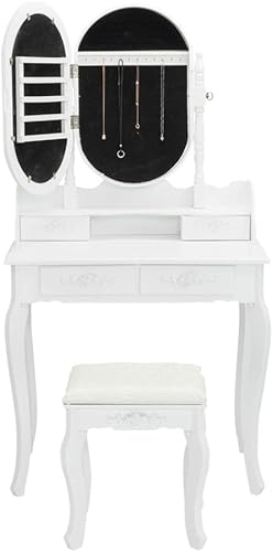 Miniatura 4 de Juego de mesa de tocador para tocador, mesa de maquillaje de madera, espejo ovalado, mesa de maquillaje para dormitorio con 4 cajones y taburete