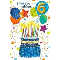 Age 6 Boy Birthday Card - 6th Birthday Blue Cake with Candles Balloons 7.75x5.25