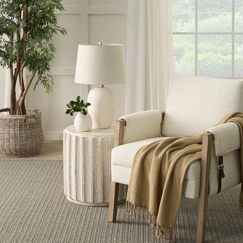 Image of Nourison Home 23 inch Natural White Ceramic Jar Table Lamp for Bedroom, Living Room, Dining Office, with Off-White Shade