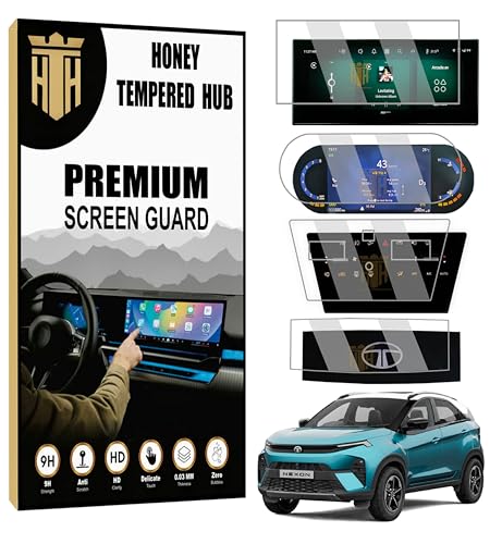 Image of (4 PACK) Screen Guard For TATA NEXON 2026 FACELIFT - 10.25 INCH INFOTAINMENT (Thin Corners) + 7 INCH INSTRUMENT CLUSTER + DIGITAL STEERING + AC CONTROL PROTECTOR / Fit for PURE PLUS / PURE PLUS S / SMART+S CNG / Anti Scratch Car TouchScreen Display Guard | New TataNexon 2026 Accessories [Not Tempered Glass] (NEXON 2026-3)
