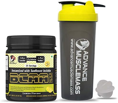 Advance MuscleMass BCAA 2 : 1 : 1 | Energy drink for Workout | 7.6 G BCAA | 3.8 G Leucine | 1.9 G Iso-Leucine | 1.9 G Valine| Lab Tested |With Shaker| Lemon Flavour | 200 GM / 0.44 lb