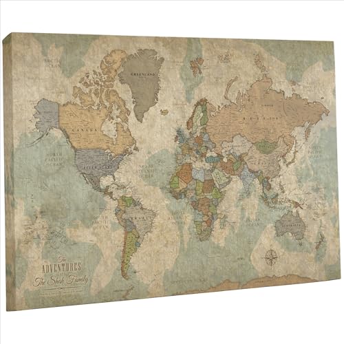 HolyCowCanvas Personalized World Map on Canvas in Vintage Earth Tones, Travel Map with Pins to Mark Travels, World Map Pin Board, Push Pin Travel Map, Travel Map Tracker (48" x 30", Gallery Wrapped)