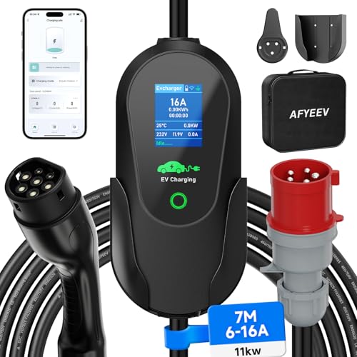 AFYEEV Mobile Wallbox 11 kW, kabel do ładowania typu 2, wtyczka CEE, 3-fazowa, 7 m, 6-16 A, przenośna ładowarka EV, przenośna stacja ładująca Wallbox do IEC 62196-2