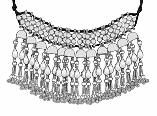 Indian Fashion Antique Afghani German Silver Oxidized Ghungroo Boho Gypsy Tribal Statement Tassel Chain Choker Thread Necklace Jewelry Set