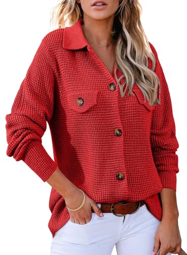 Astylish Long Sleeve Shirts for Women Fashion Fall Outfits Winter V Neck Waffle Knit Sweater Button Down Tops Solid Shacket Jacket Clothing Outwear Racing Red Small