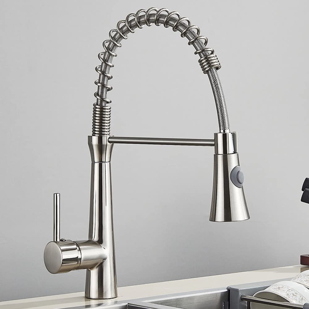Yjyjy Brushed Nickel Kitchen Faucet,Black Kitchen Faucets, Brass Faucets For Kitchen Sink, Single Lever Pull Out Spring Mixer Tap, Hot And Cold Water Faucet, 360 Degree Swivel Crane,