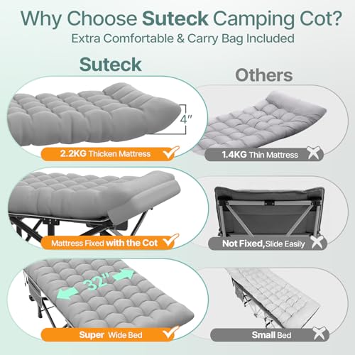 Image of Suteck 32In XXL Folding Camping Cot, 900LBS Heavy Duty Sleeping Cot with Pillow Mattress, 1200D Double-Layer Oxford Portable Cot for Adults with Carry Bag for Home Office Nap Beach Travel