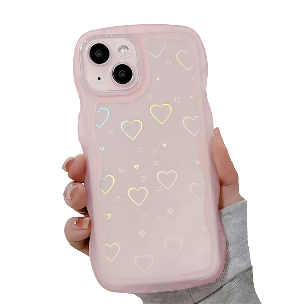 Dzdcase Designed for iPhone Case,Cute Glitter Love Heart Pattern Curly Wave Frame Silicone Camera Lens Protection Soft Shockproof Phone Case (iPhone