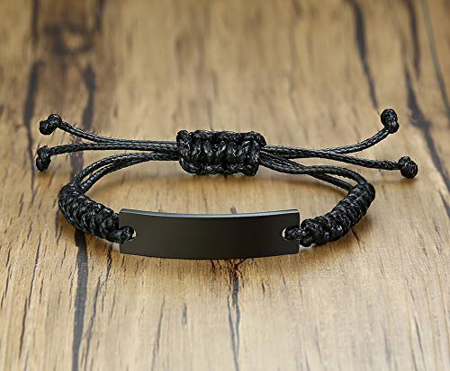 Mealguet Jewelry Unisex Personalized Custom Name Date Initial Quote Engraving Adjustable Cord Stainless Steel Id Bracelets For Men,Black #TOP3