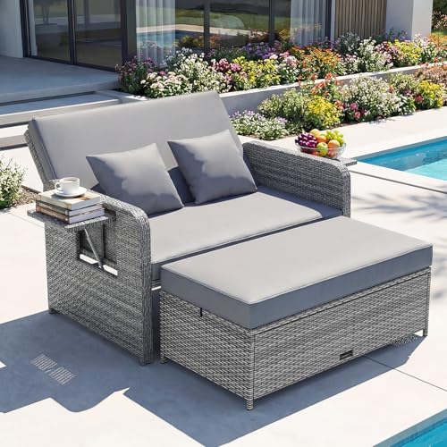 GIANTEX Lounge Möbel Outdoor, Rattan Gartenlounge Set mit Hocker, Gartensofa mit Liegefunktion, Balkon Lounge Set, Doppelliege Outdoor Sofa, Balkonmöbel Sonneninsel Loungebett mit stauraum