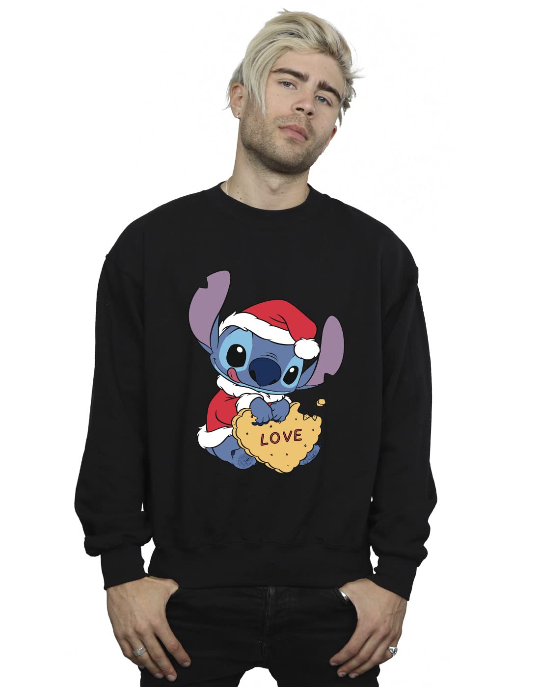 Disney Men's Black Lilo And Stitch Christmas Love Biscuit Sweatshirt Extra Large