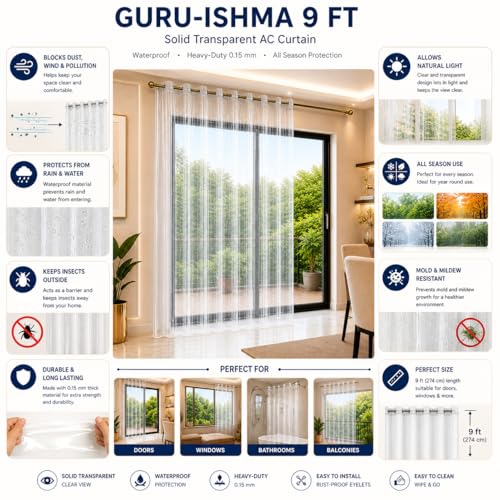 Image of 9 ft Solid Transparent AC Curtain | Waterproof Heavy-Duty 0.15 mm | Dust Wind Rain Protection, Mold & Mildew Resistant | All Season Use for Door, Window & Bathroom (Pack of 1)