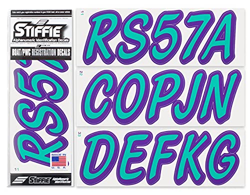 Image of STIFFIE Whipline Solid Teal /Purple 3 inch Alpha-Numeric Registration Identification Numbers Stickers Decals for Boats & Personal Watercraft
